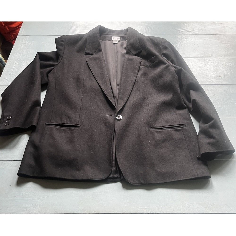 Vintage Russ Black Wool Blend Blazer Womens Size 16 Minimalist Career Jacket 16